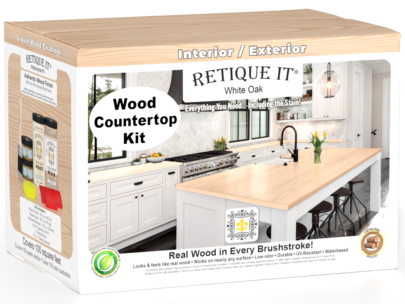 Retique It® white oak countertop kit with stain, designed for full kitchen installation, showcasing a natural wood finish.