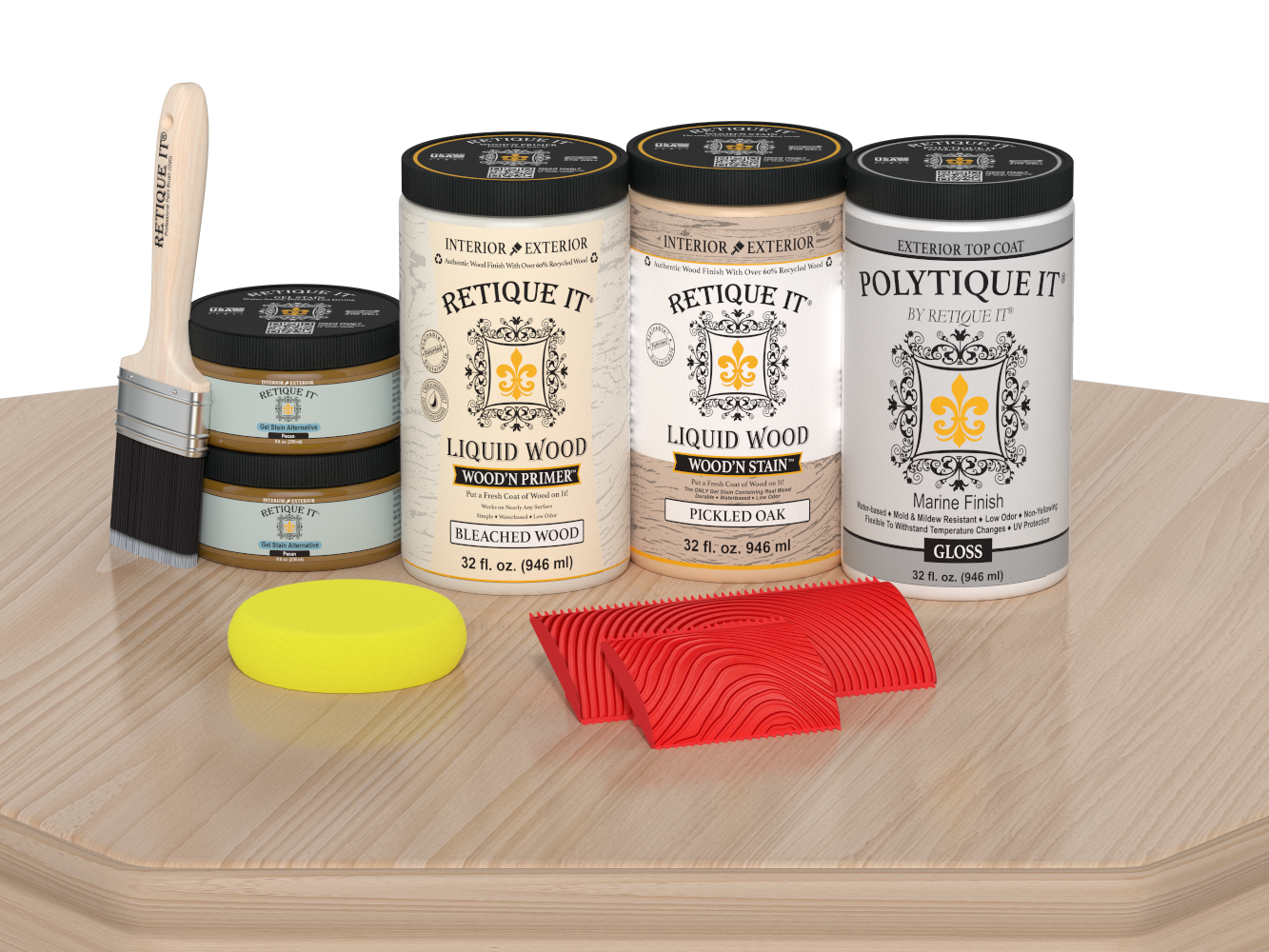 Large White Oak Wood'n Finish Kit by Retique It® with exterior top coat, featuring a glossy wood finish and application tools.