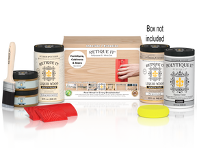 Retique It® Wood'n Finish Kit in Walnut, featuring wood stain and finishing tools, displayed in a box for easy application.