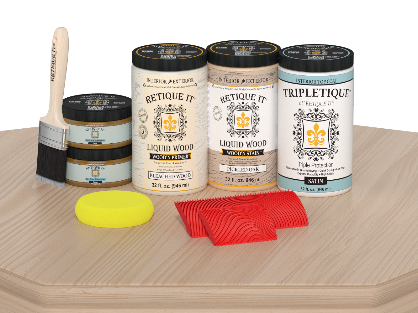 Large White Oak Wood'n Finish Kit by Retique It® for interior top coating, shown with satin finish on wood surface.