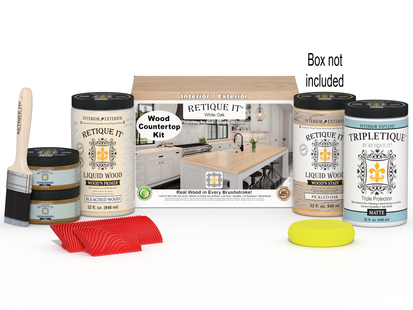 Retique It® White Oak countertop kit with stains, showcasing a finished kitchen countertop with a natural wood grain finish.