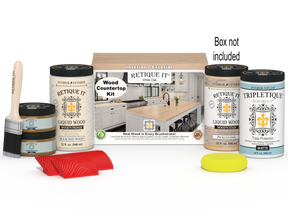 Retique It® White Oak countertop kit with stains, showcasing a finished kitchen countertop with a natural wood grain finish.