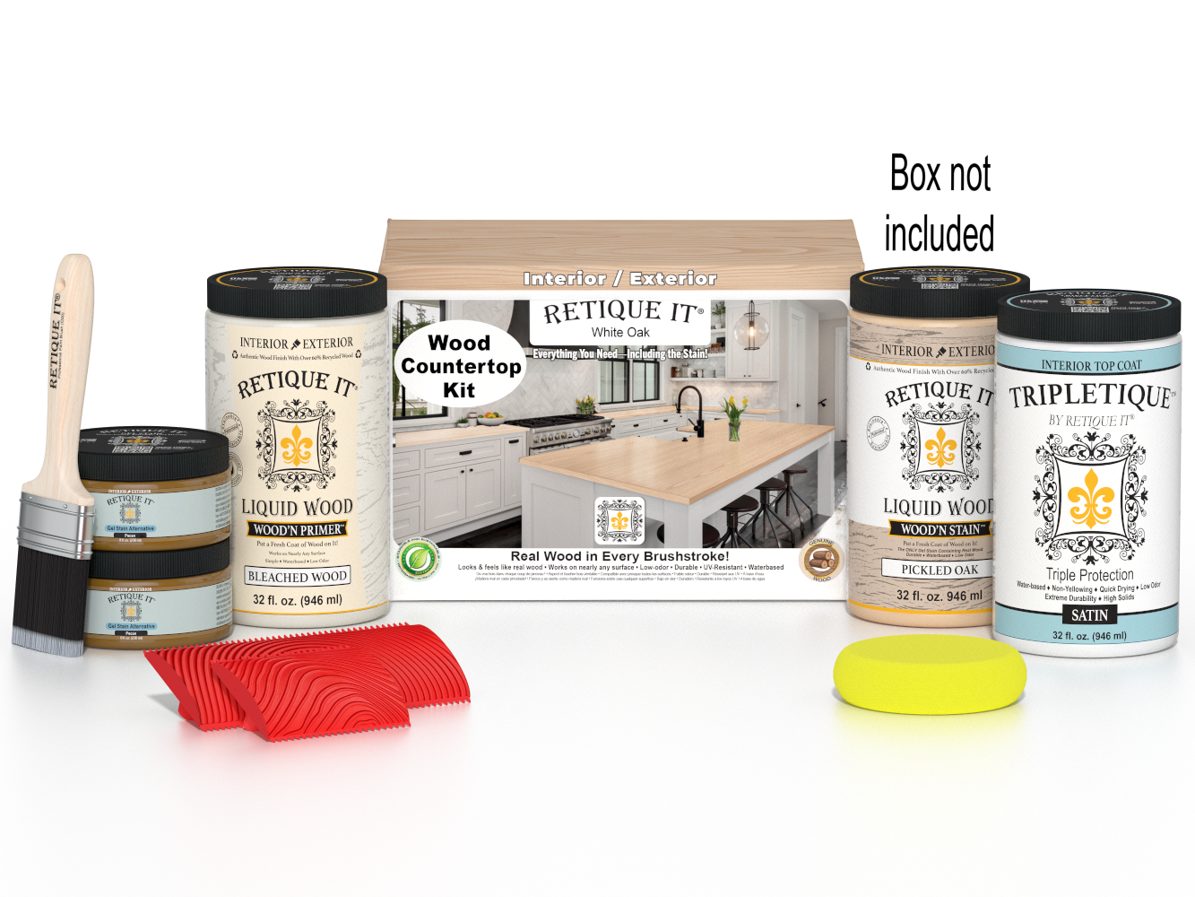 Retique It® white oak countertop kit with stain, full kitchen setup, featuring wood grain and box packaging for easy application.