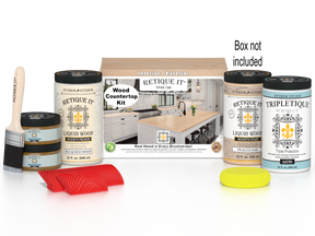 Retique It® white oak countertop kit with stain, full kitchen setup, featuring wood grain and box packaging for easy application.