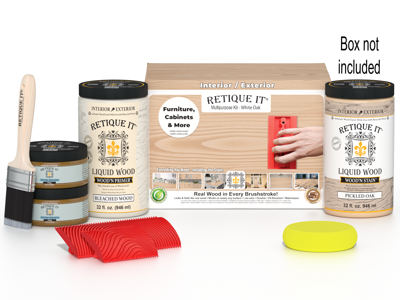 Large White Oak Wood'n Finish Kit by Retique It® with various tools and supplies for wood finishing projects.