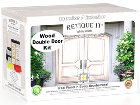 Retique It® Wood'n Finish Front Door Kit in White Wash stain, featuring a double door with natural wood grain and whitewashed finish.