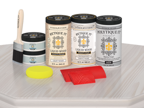 Large White Wash Wood'n Finish Kit by Retique It® for exterior wood surfaces, satin top coat on a tabletop.