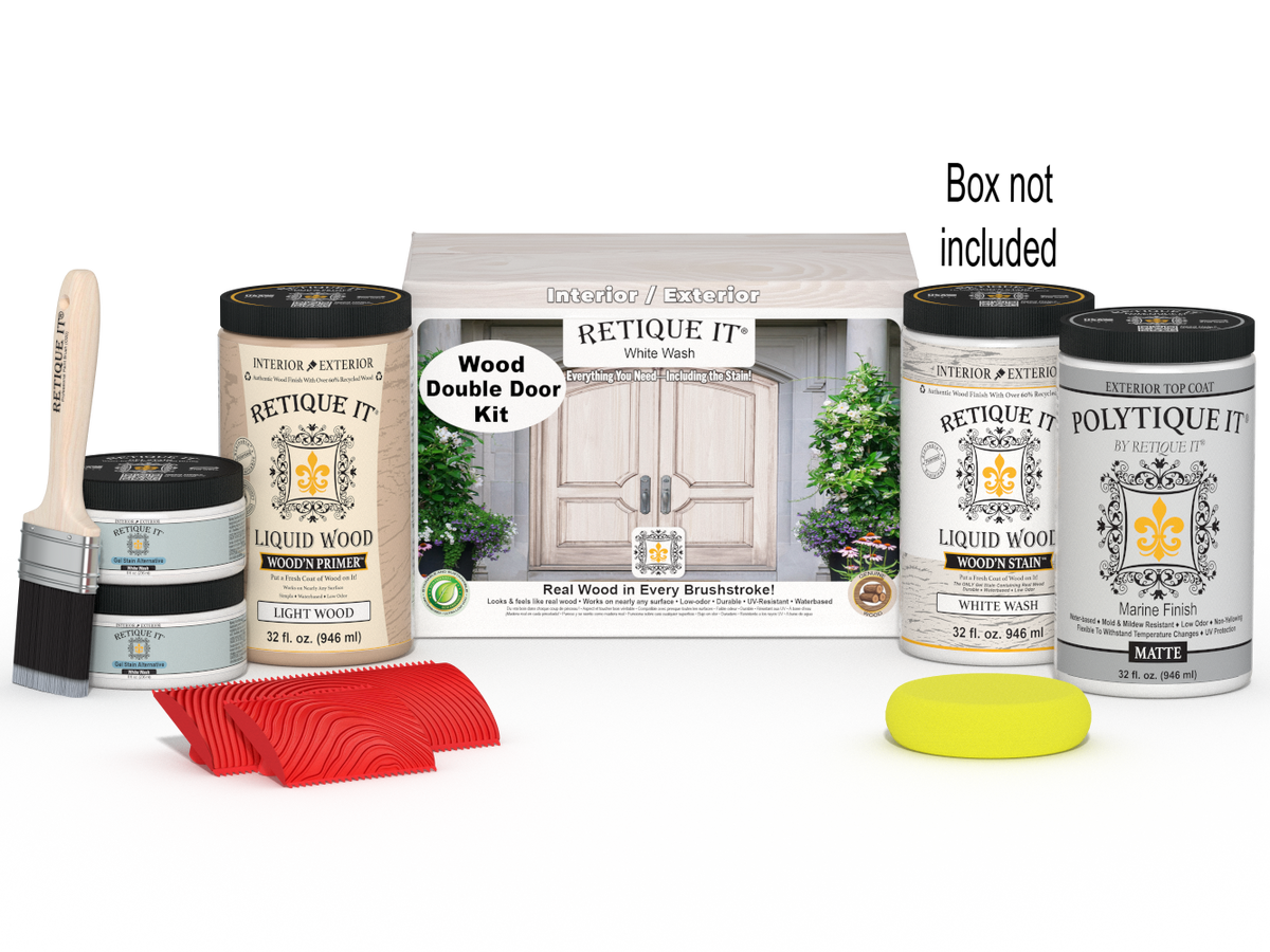 Retique It® Wood'n Finish front door kit in white wash stain, showing a double front door with stained wood finish.