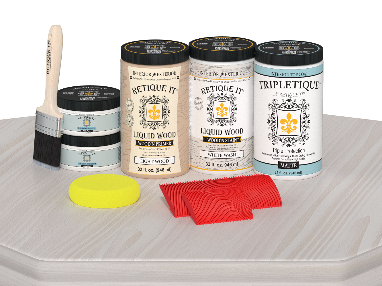 Large White Wash Wood'n Finish Kit by Retique It® for interior top coat application, matte finish on wood surface