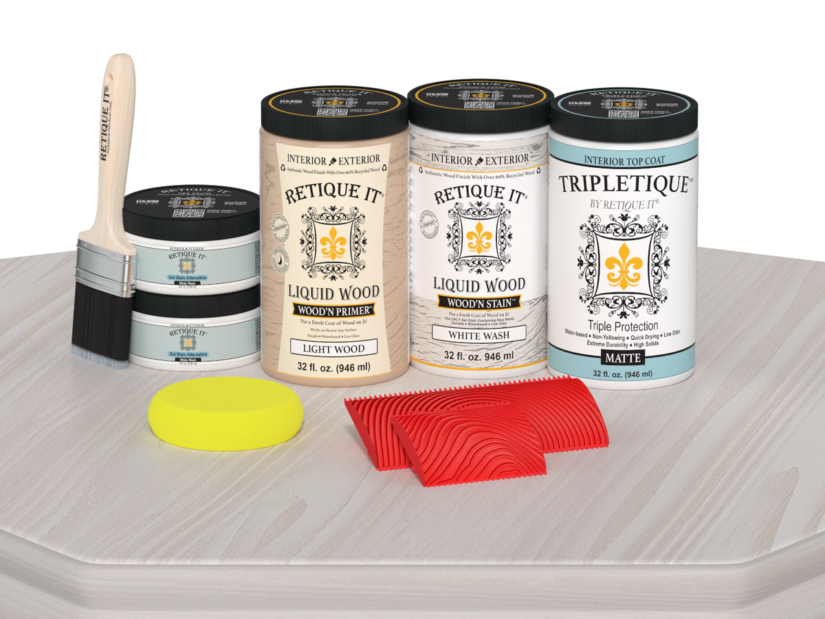 Retique It® Full Kitchen White Wash countertop kit with stain finish, showing matte whitewashed wood surface on kitchen table.