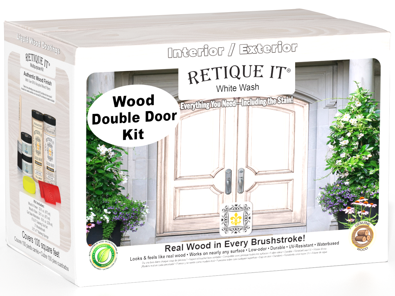Retique It Wood'n Finish Front Door Kit in White Wash stain, showcasing a double wooden door with a smooth, finished appearance.