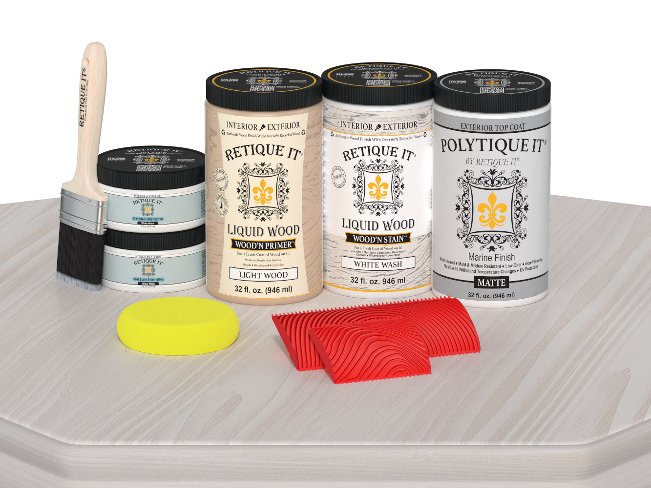 Retique It Wood'n Finish Front Door Kit (Double) in White Wash stain, with matte finish on a table, showing door and stain details.