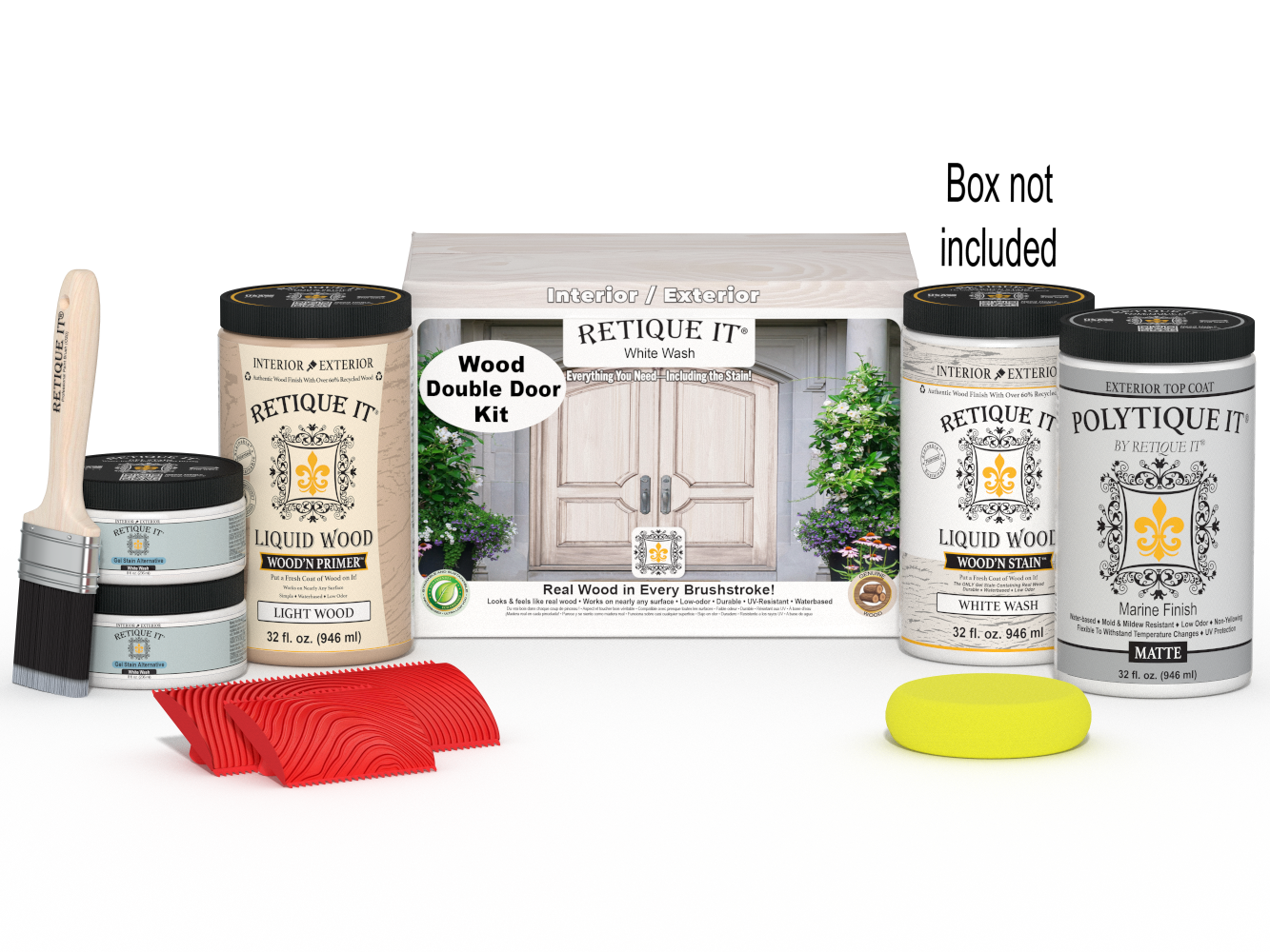 Double front door kit by Retique It with white wash stain, featuring wood grain and detailed panel design.