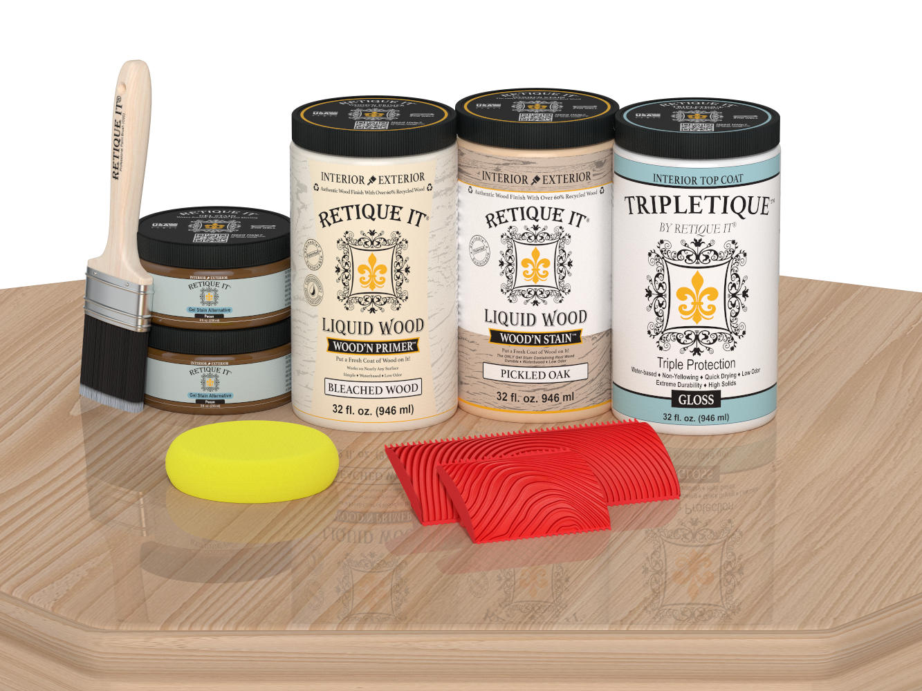 Retique It® Wood'n Finish Kit with four large white oak stain samples on a tabletop for wood finishing projects.