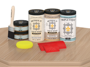 Retique It® Wood'n Finish Kit in White Oak stain, featuring four large stain containers, satin finish on a wooden surface.