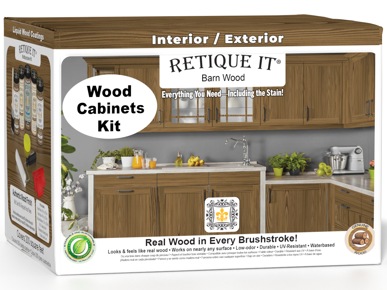 Retique It® Wood'n Cabinet Kit with 24 grained walnut doors, modern stain finish, showcasing cabinet box and door details.