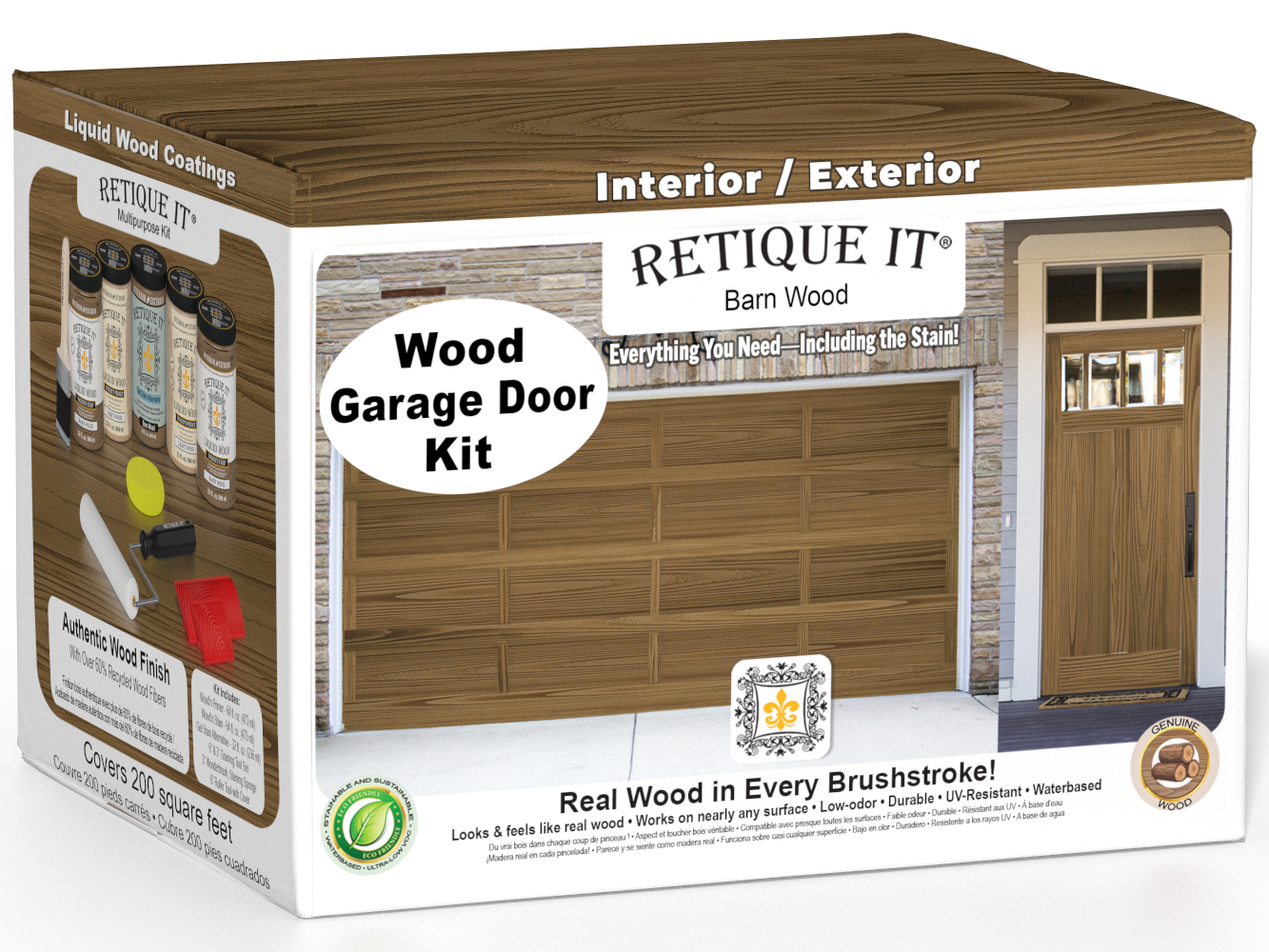 Retique It Barn Wood Wood Garage Door Kit box featuring garage door and entry door wood finish transformation.
