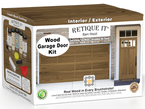 Retique It Barn Wood Wood Garage Door Kit box featuring garage door and entry door wood finish transformation.