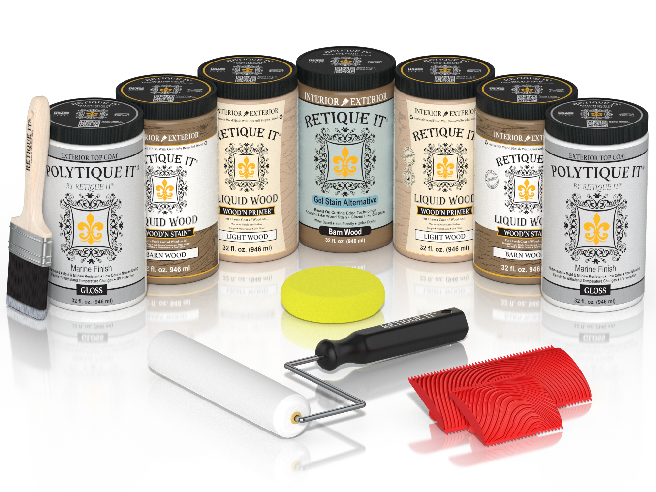 Retique It Barn Wood Kit with Liquid Wood, Barn Wood Gel Stain Alternative, Politique It Gloss Finish, yellow sponge, red graining tool, rollers, and brush.