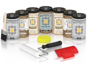 Retique It Barn Wood Kit with Liquid Wood, Barn Wood Gel Stain Alternative, Politique It Gloss Finish, yellow sponge, red graining tool, rollers, and brush.