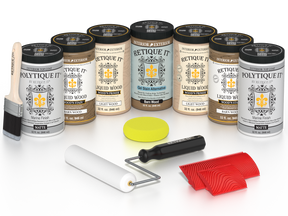 Retique It Barn Wood Kit with Liquid Wood, Barn Wood Gel Stain Alternative, Politique It Matte Finish, yellow sponge, red graining tool, roller, and brush.