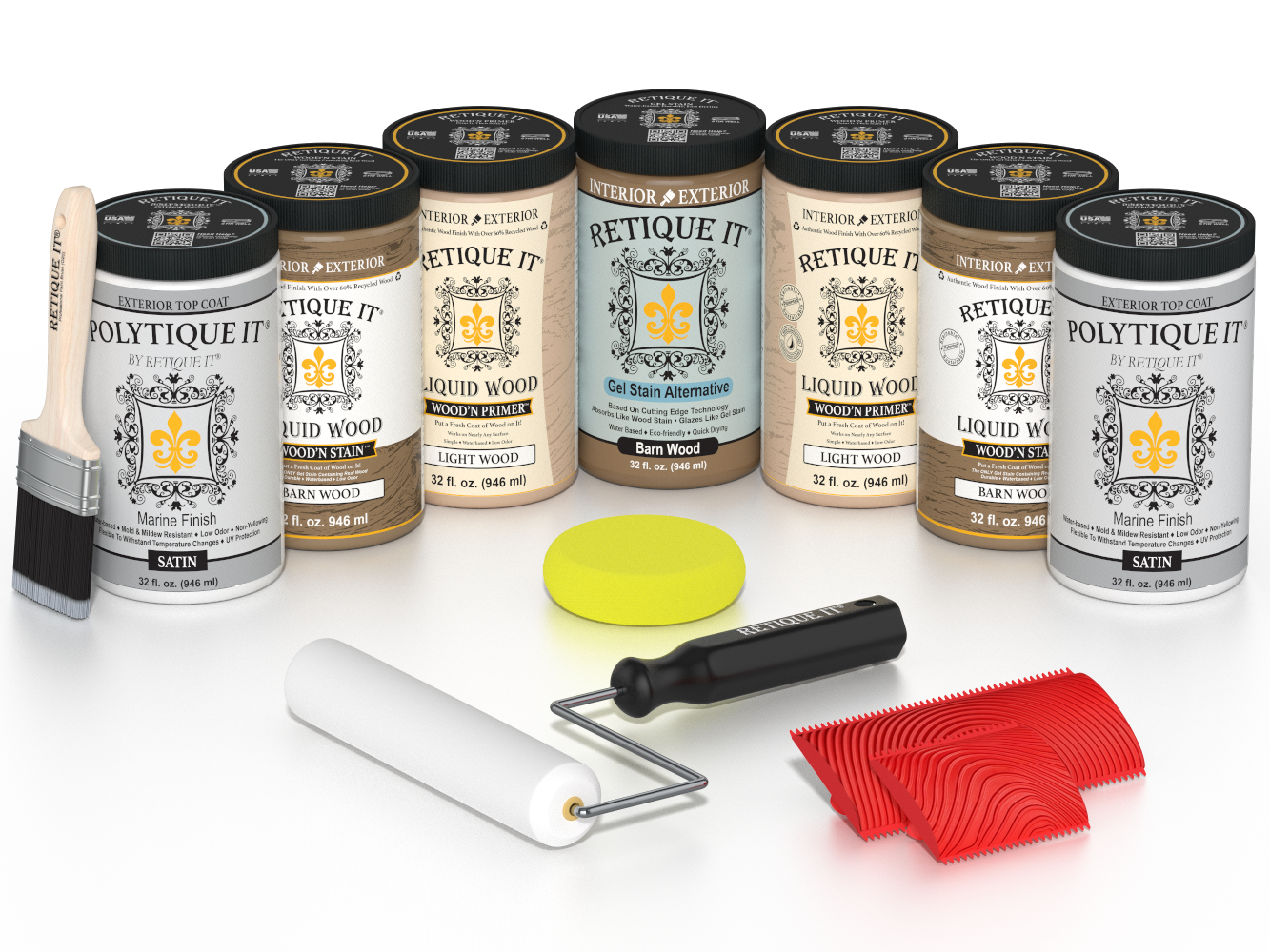 Retique It Barn Wood Kit with Liquid Wood, Barn Wood Gel Stain Alternative, Politique It Satin Finish, yellow sponge, red graining tool, roller, and brush.