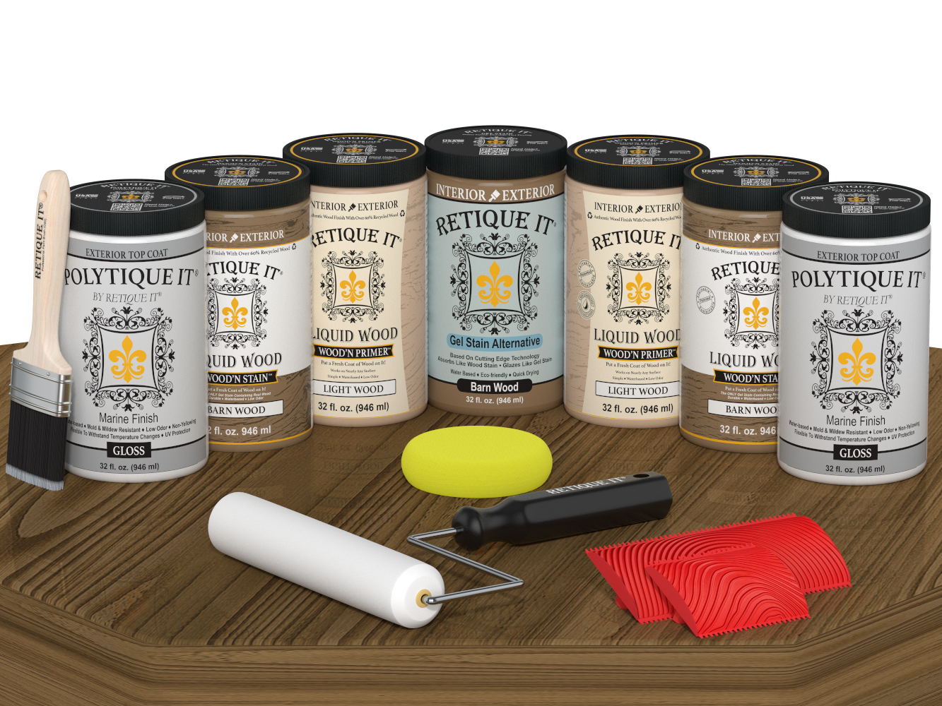 Retique It Wood'n Door Kit in barn wood stain with glossy finish, suitable for front and garage barn doors, displayed on table.