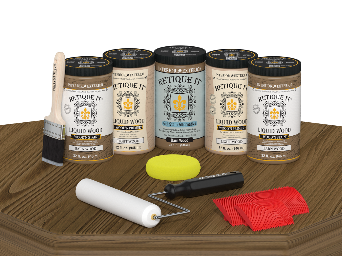 Wood'n Cabinet Kit with 24 barn wood grain stained cabinet doors by Retique It displayed on a table.