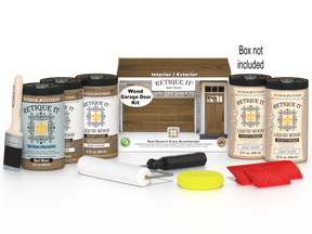 Retique It Barn Wood Wood Garage Door Kit with Liquid Wood, Barn Wood Gel Stain Alternative, yellow sponge, red graining tool, roller, brush, and kit box.