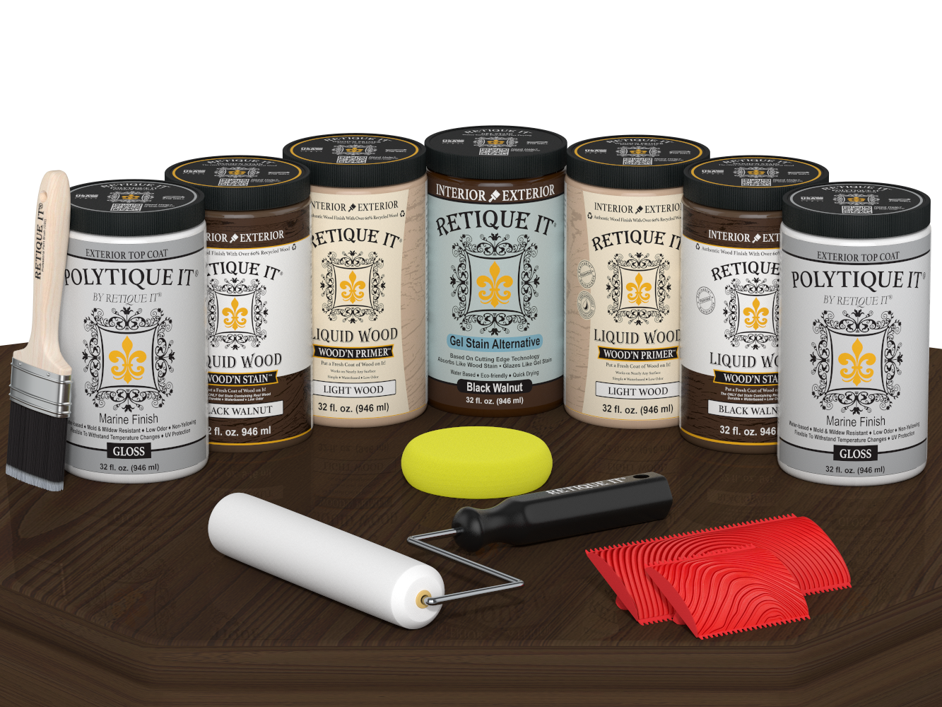 Retique It Wood'n Door Kit in Black Walnut stain for front and garage doors, featuring a glossy finish on a table.