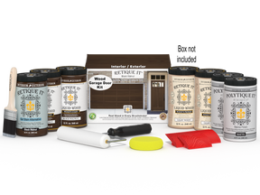 Retique It Wood'n Door Kit in Black Walnut stain for front and garage doors, featuring natural wood finish and stain application.