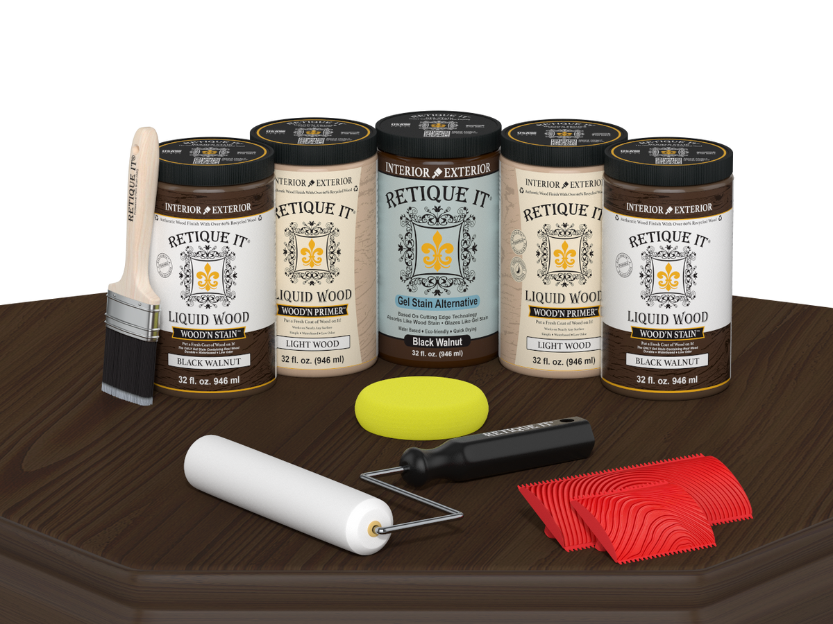 Retique It® Black Walnut Kit with Liquid Wood®, Black Walnut Gel Stain Alternative, yellow sponge, red graining tool, roller, and brush.