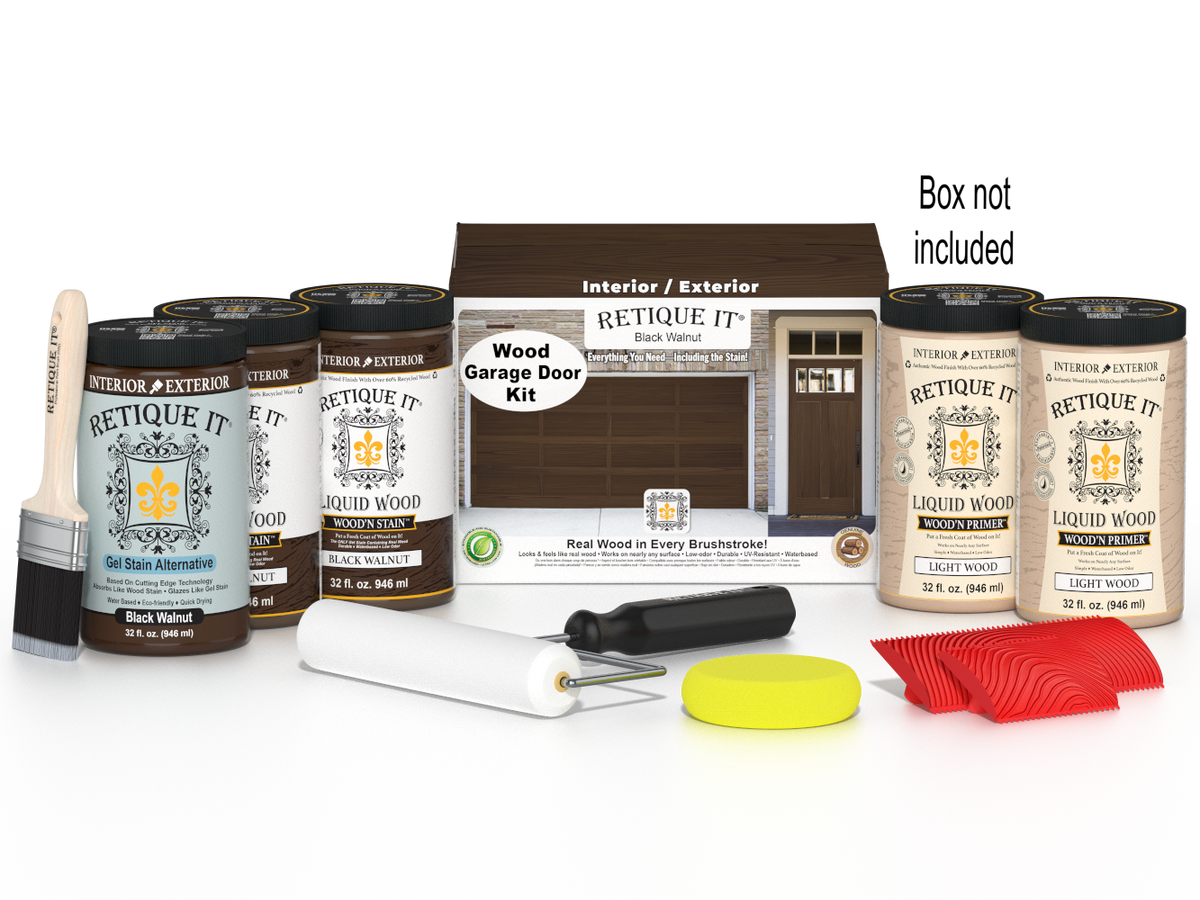 Retique It® Black Walnut Wood Garage Door Kit with Liquid Wood®, Black Walnut Gel Stain Alternative, yellow sponge, red graining tool, roller, brush, and kit box.