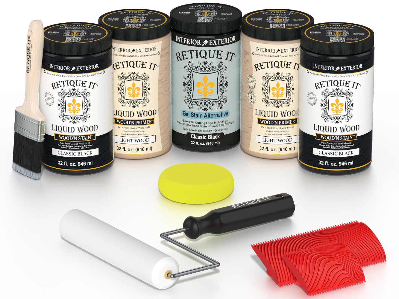 Retique It Classic Black Kit with Liquid Wood, Classic Black Gel Stain Alternative, yellow sponge, red graining tool, roller, and brush.