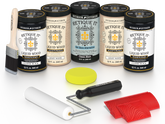 Retique It Classic Black Kit with Liquid Wood, Classic Black Gel Stain Alternative, yellow sponge, red graining tool, roller, and brush.
