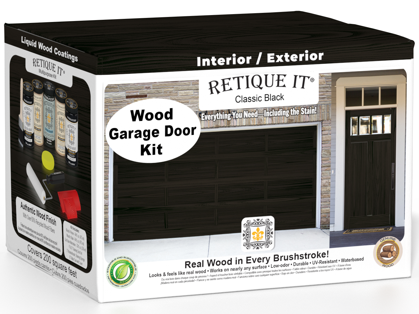 Retique It Classic Black Wood Garage Door Kit box featuring garage door and entry door wood finish transformation.