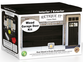 Retique It Classic Black Wood Garage Door Kit box featuring garage door and entry door wood finish transformation.