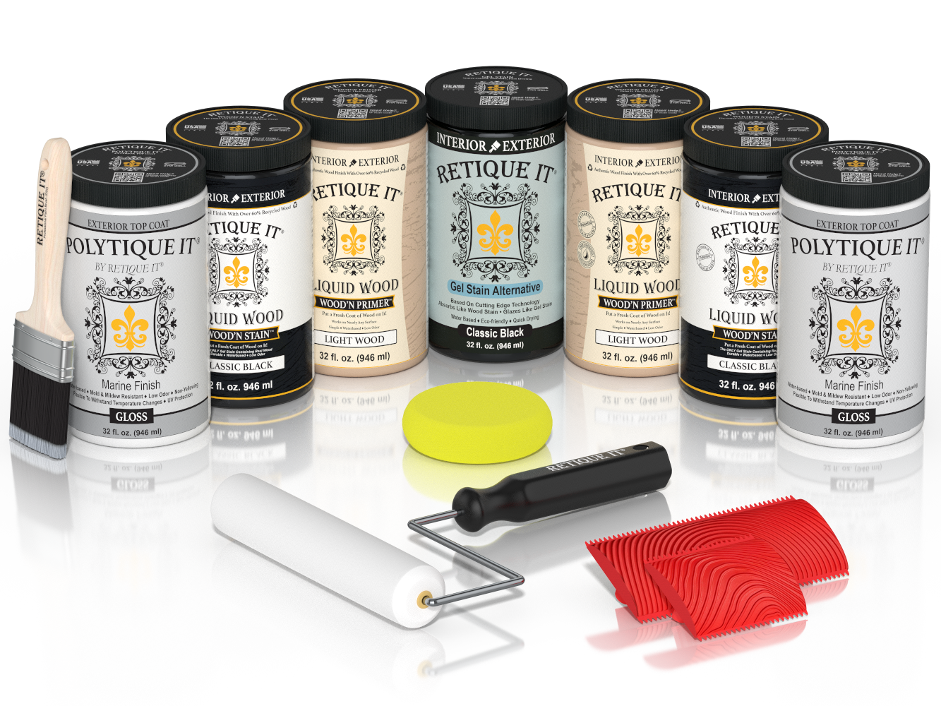 Retique It Classic Black Kit with Liquid Wood, Classic Black Gel Stain Alternative, Politique It Gloss Finish, yellow sponge, red graining tool, rollers, and brush.