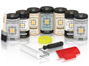 Retique It Classic Black Kit with Liquid Wood, Classic Black Gel Stain Alternative, Politique It Gloss Finish, yellow sponge, red graining tool, rollers, and brush.