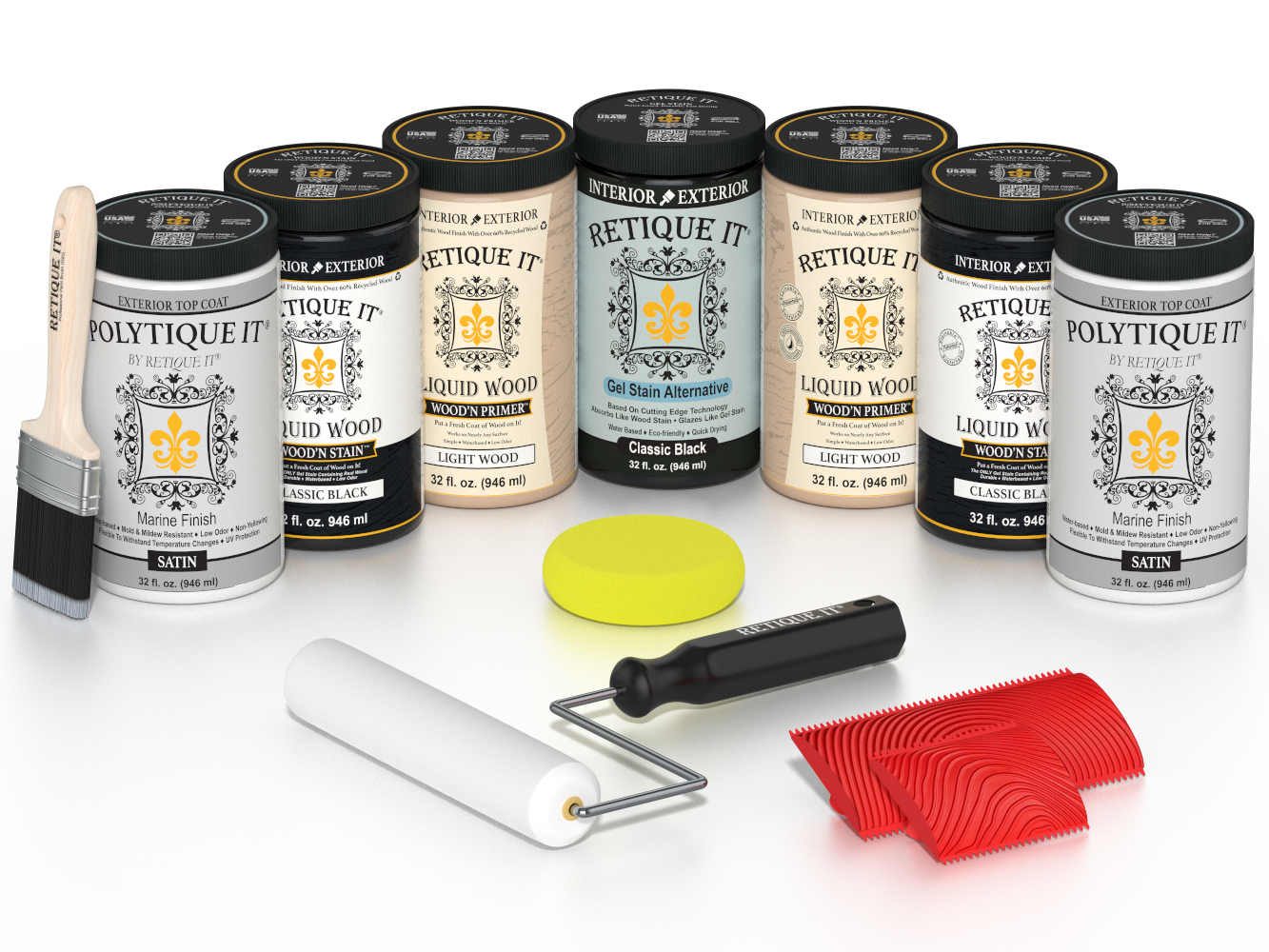 Retique It Classic Black Kit with Liquid Wood, Classic Black Gel Stain Alternative, Politique It Satin Finish, yellow sponge, red graining tool, roller, and brush.