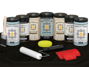Retique It Wood'n Cabinet Kit with 24 grained black stain doors and gloss finish on table surface.