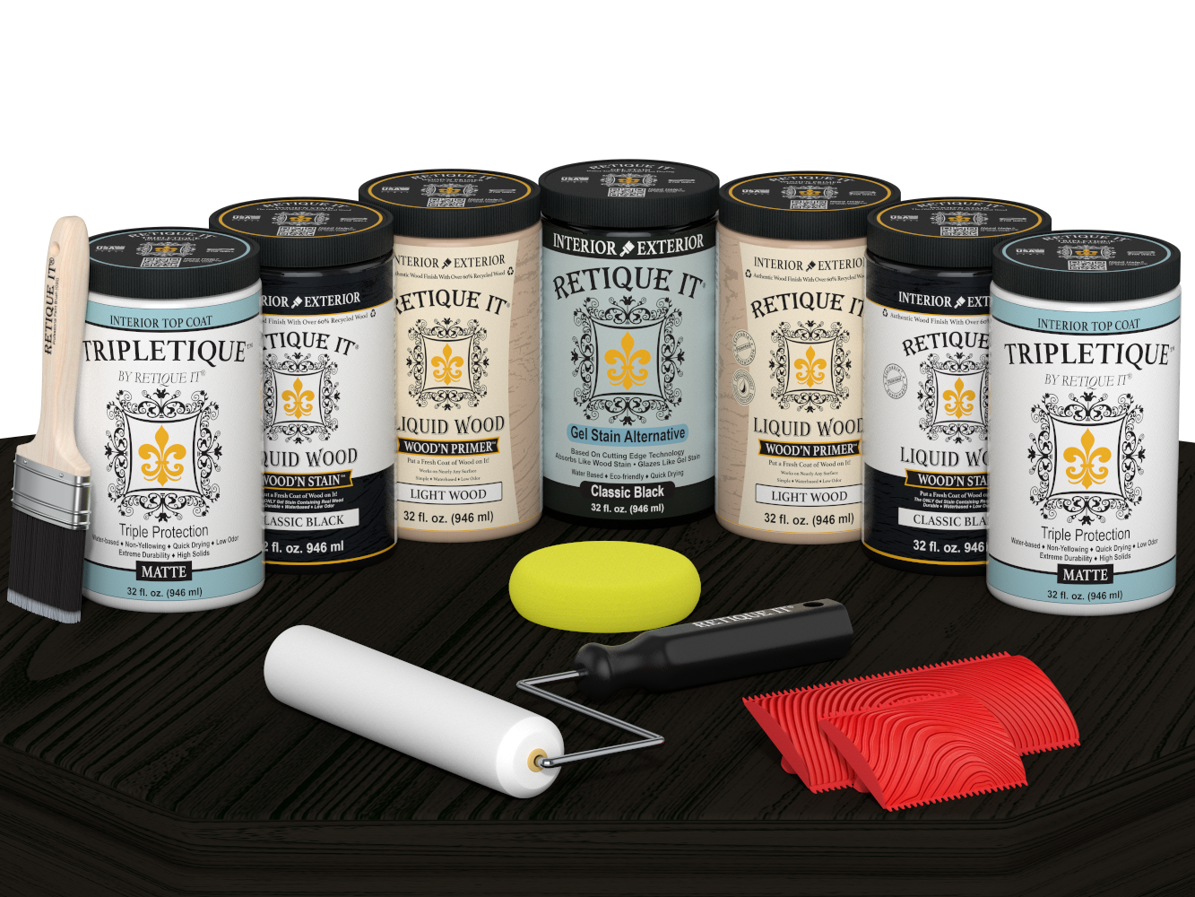 Retique It Wood'n Cabinet Kit with 24 black grained stained cabinet doors, matte finish on a wooden table.