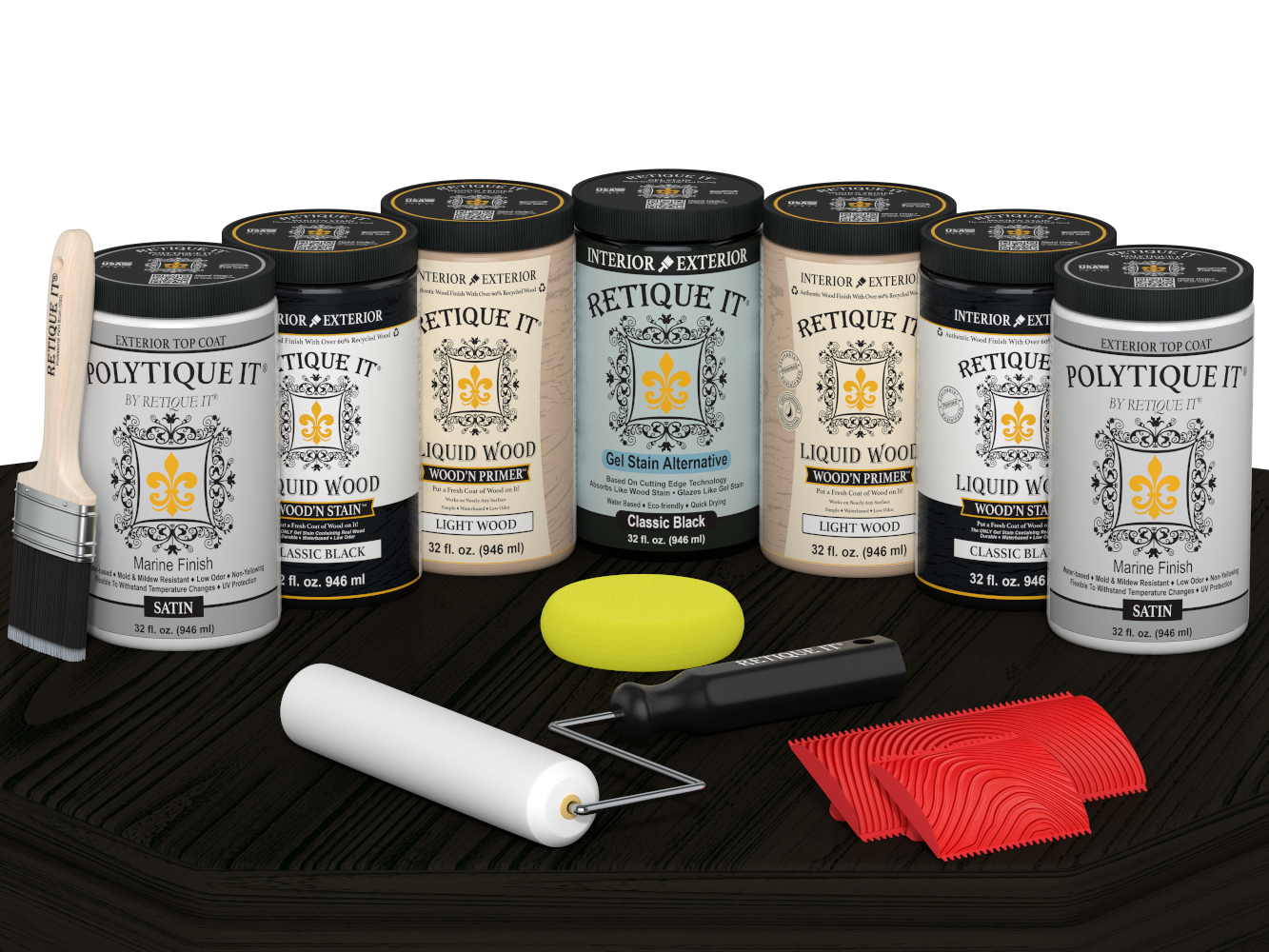 Retique It Wood'n Door Kit in Classic Black stain, includes front and garage door stains shown on a table with satin finish.