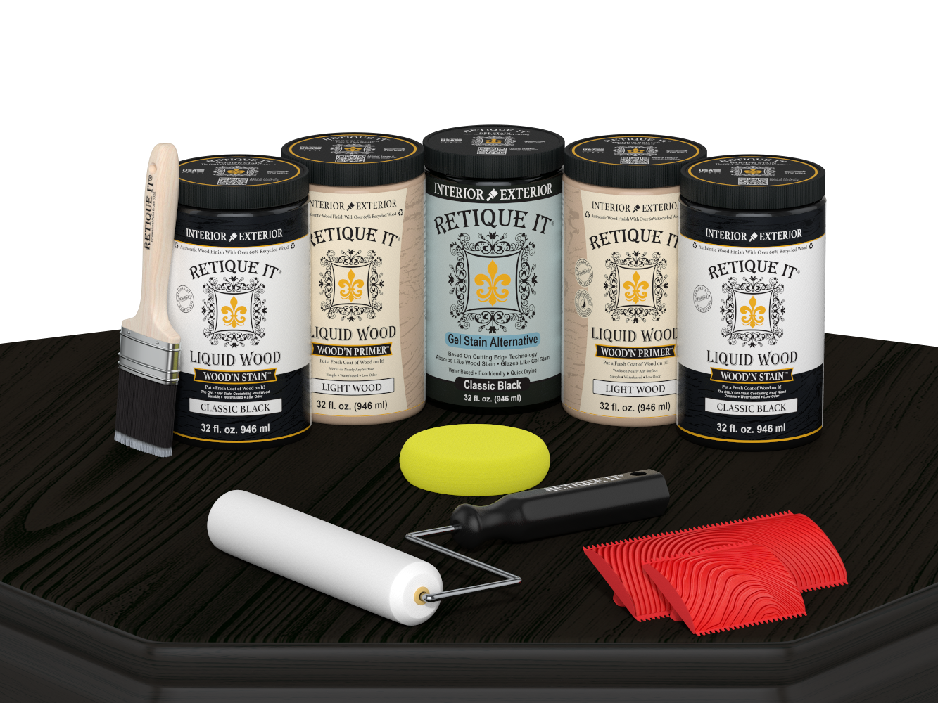 Retique It Classic Black Kit with Liquid Wood, Classic Black Gel Stain Alternative, yellow sponge, red graining tool, roller, and brush.