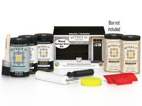 Retique It Classic Black Wood Garage Door Kit with Liquid Wood, Classic Black Gel Stain Alternative, yellow sponge, red graining tool, roller, brush, and kit box.