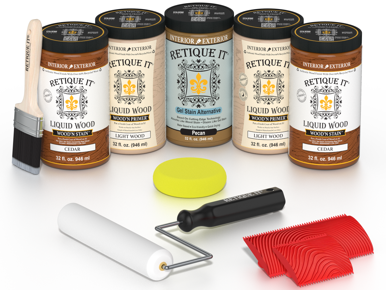 Retique It Cedar Wood'n Kit featuring Cedar Liquid Wood stain, Light Wood primer, Pecan Gel Stain Alternative, paint brush, white roller, yellow sponge, and red graining tools.