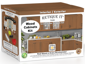 Retique It® Wood'n Cabinet Kit with 24 cedar grained cabinet doors, showcasing stained wood finish for home cabinetry.