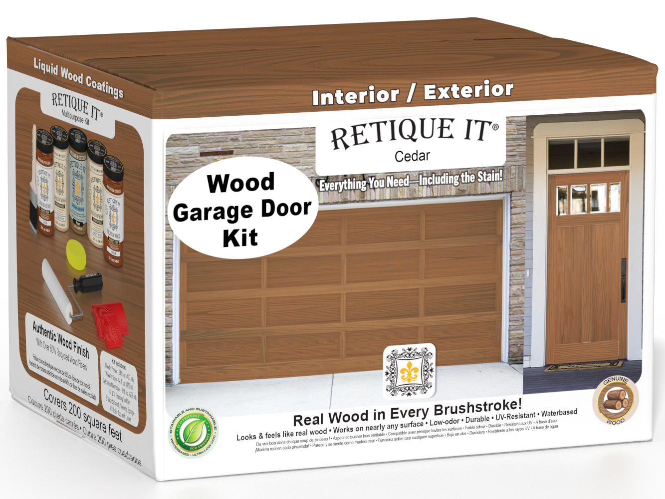 Retique It Cedar Wood Garage Door Kit box featuring a garage door and entry door finished in Cedar wood grain.