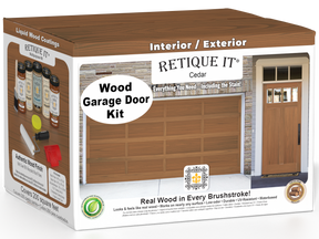 Retique It Cedar Wood Garage Door Kit box featuring a garage door and entry door finished in Cedar wood grain.