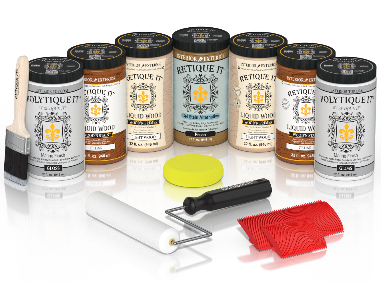 Retique It Cedar Wood'n Kit with Gloss PolyTique It top coat, featuring Cedar Liquid Wood stain, Light Wood primer, Pecan Gel Stain Alternative, paint brush, white roller, yellow sponge, and red graining tools.